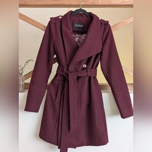 GUESS Wine-Colored Belted Trench Coat